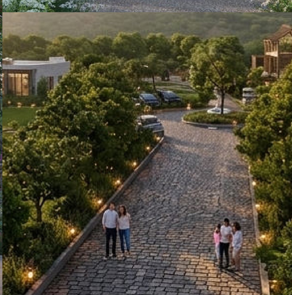 Lantern-lit pathway through the estate at dusk