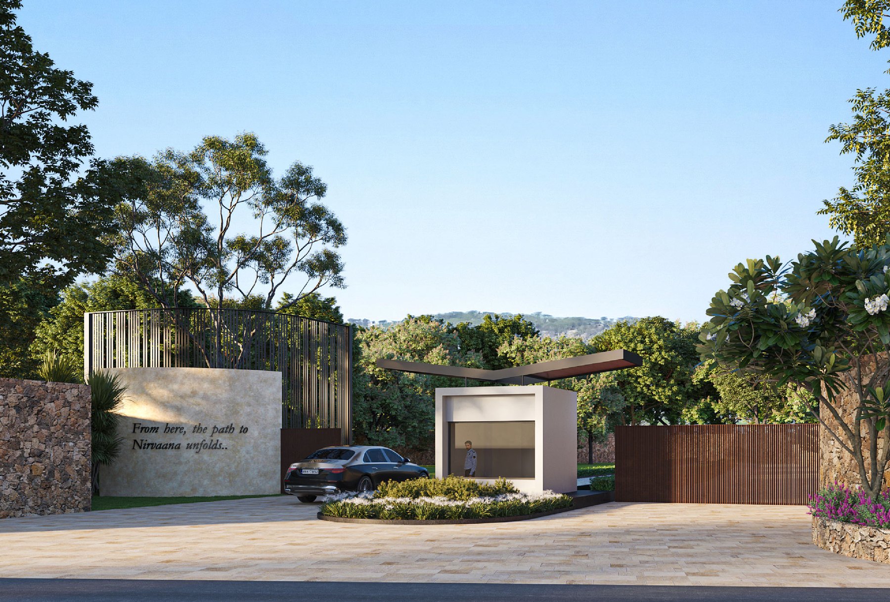 Gated stone entrance to the community