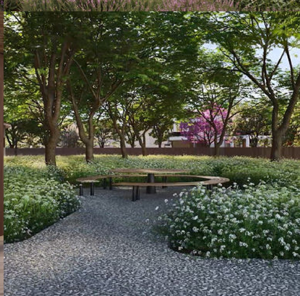 Landscaped club gardens with seating