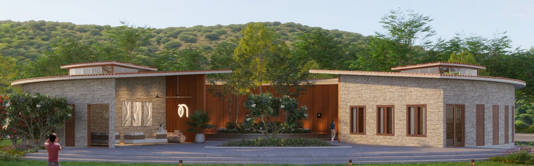 Stone-clad farmhome exterior amid greenery